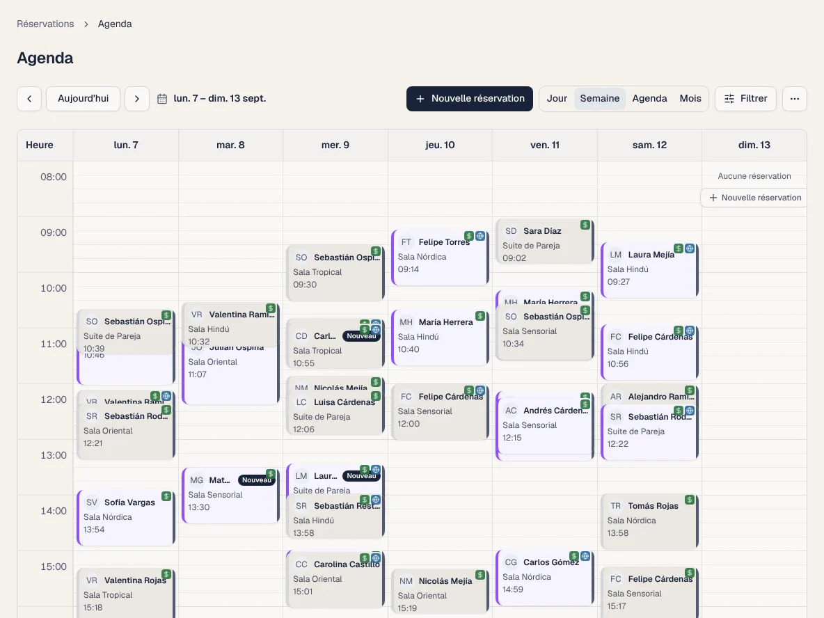 Calendrier hebdomadaire du panneau d'administration BookHive