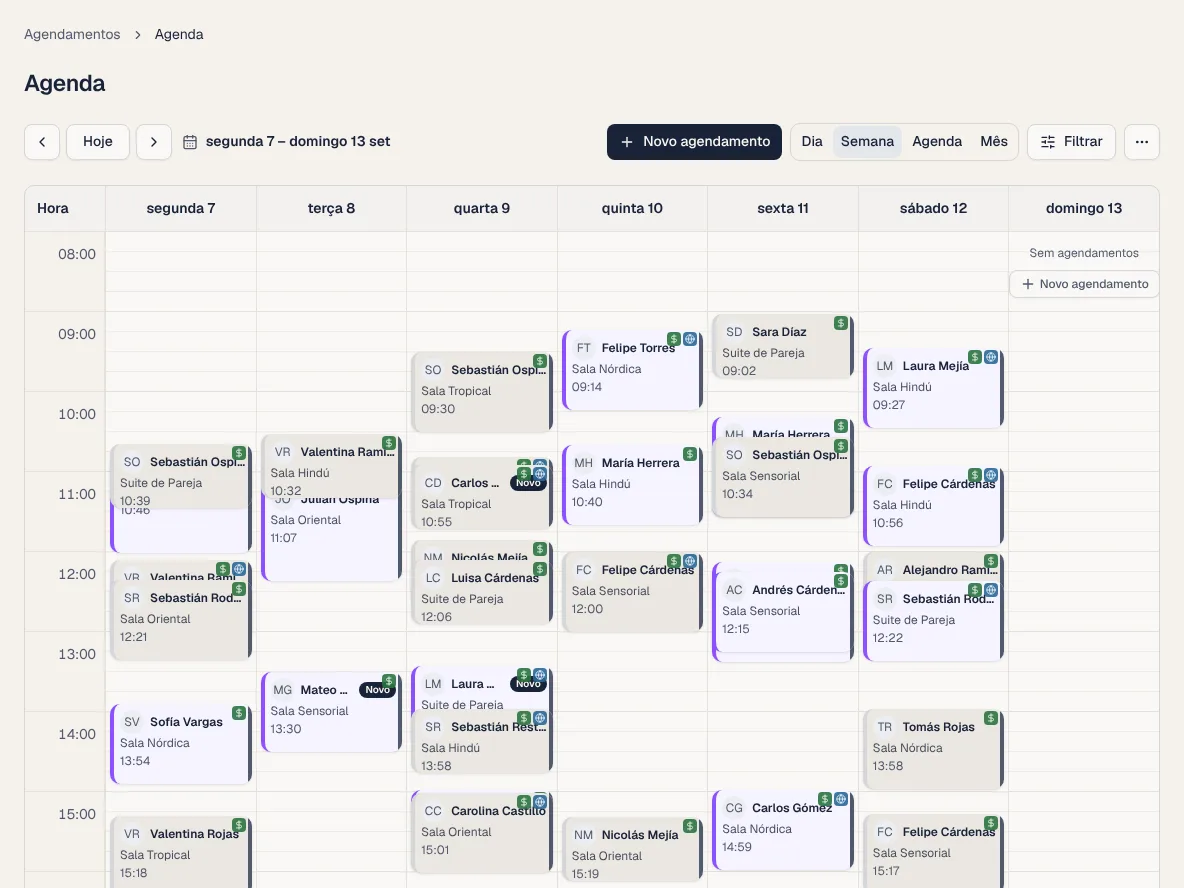 Calendário semanal do painel de administração do BookHive