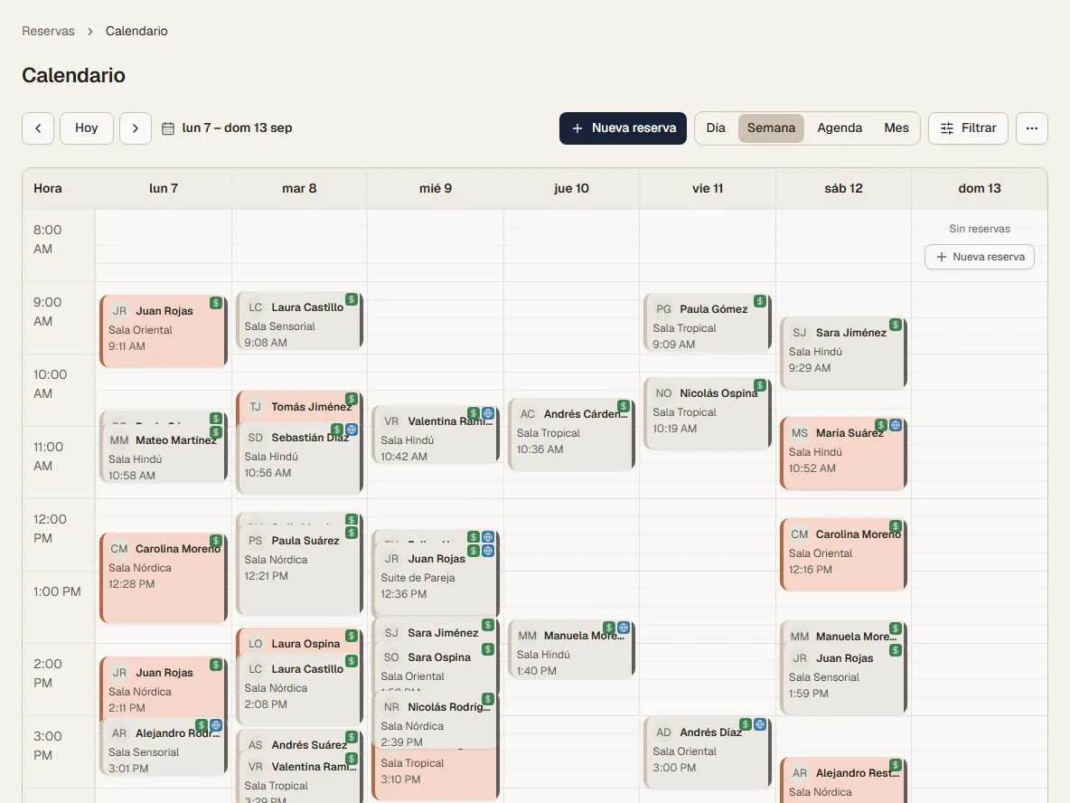 Calendario semanal del panel de administración de BookHive